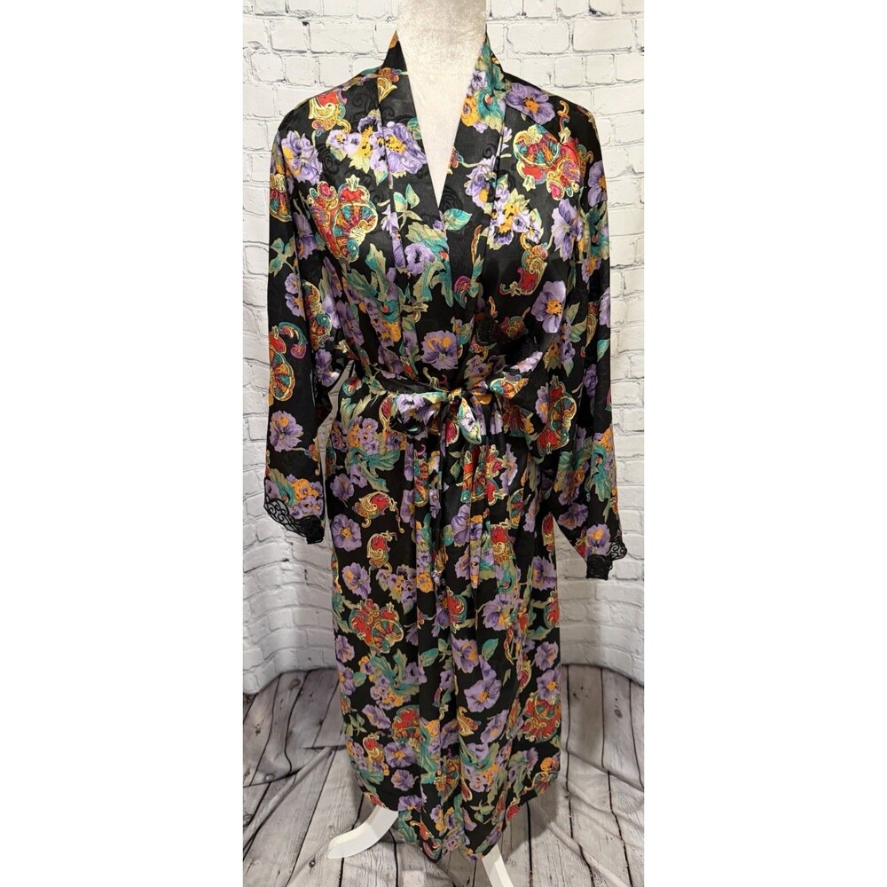 Vintage Josie Long Silky Floral Long Sleeve Belted Robe Size Large